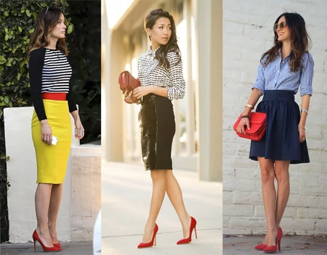 red hills shoes with pencil skirt