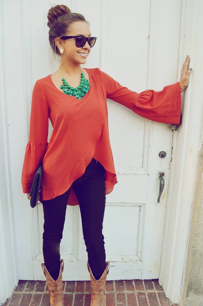 what color goes with burnt orange blouse
