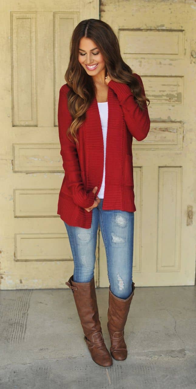 colors that go with dark red cardigan