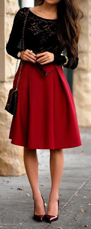 what color goes with dark red skirt