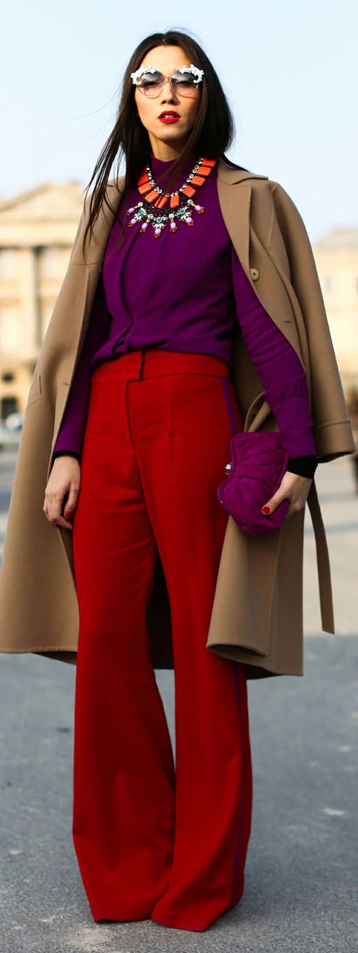 what color goes with dark red trousers
