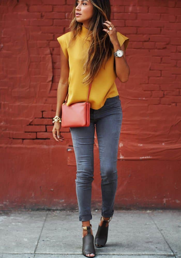 what color goes with mustard yellow blouse