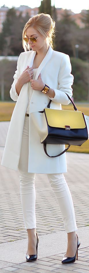 white coat with black heels