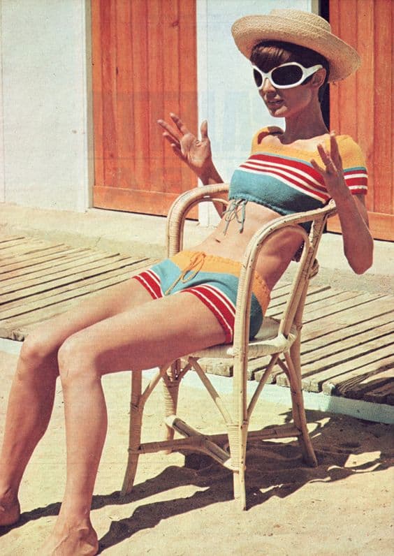 Audry Hepburn in colored knitted swimwear