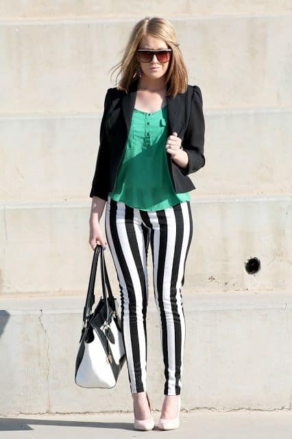 black and white striped pants with emerald blouse