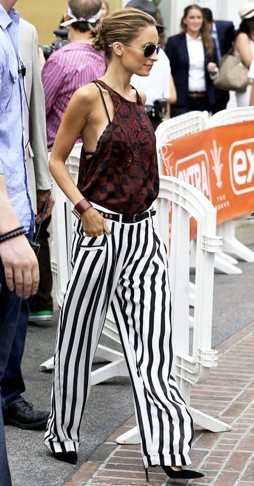 black and white striped pants with graphic printed top