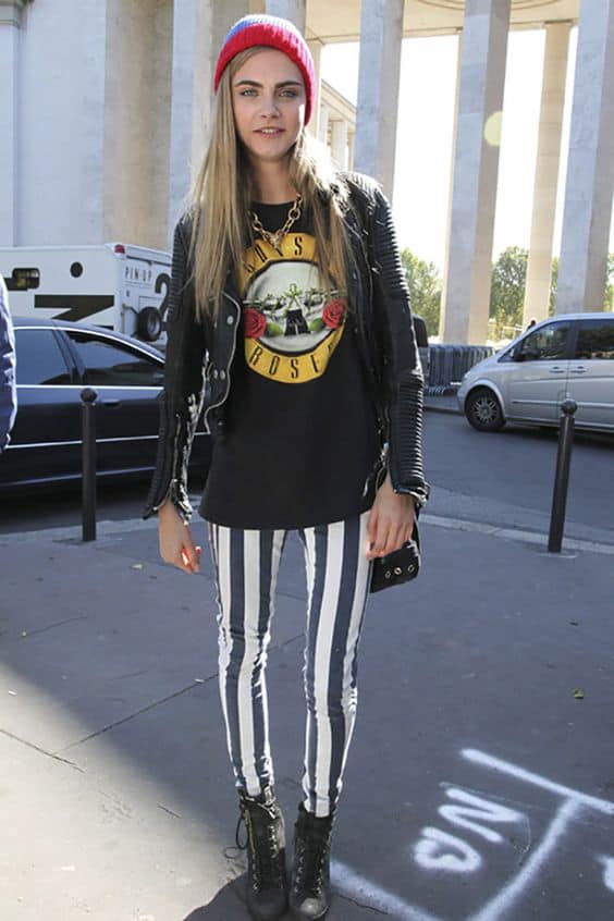 blue and white striped pants with graphic tee