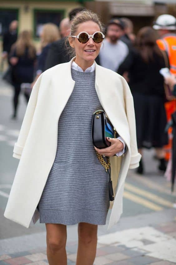 white coat with grey knitted dress