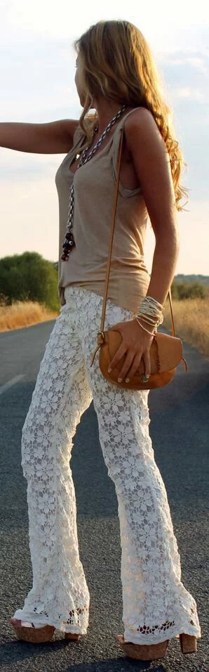 outfit with lace bell bottom pants