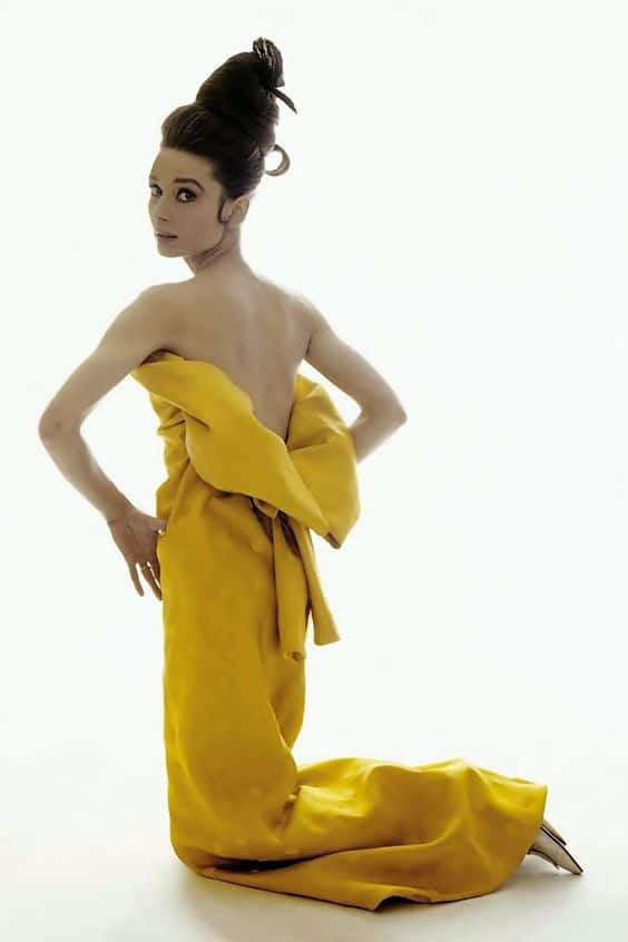 Audry Hepburn in mustard dress for Vogue