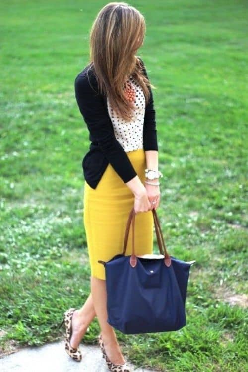 what to wear with mustard pencil skirt