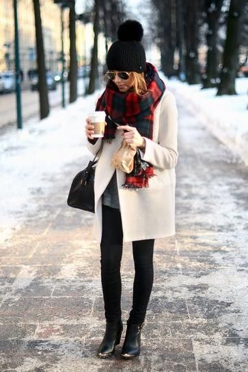 white coat with plaid scarf