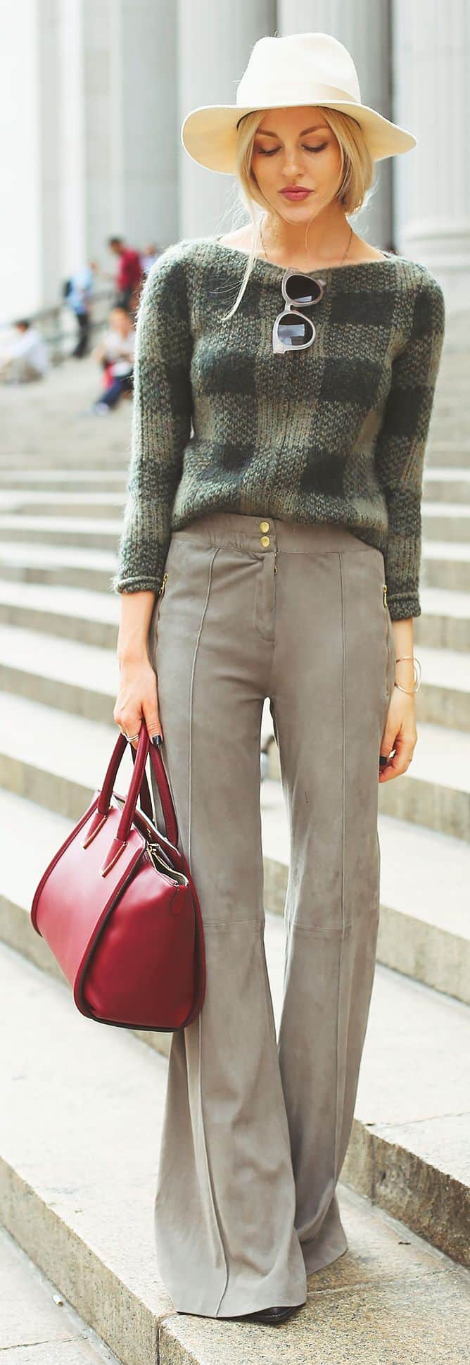outfit with gray bell bottom trousers
