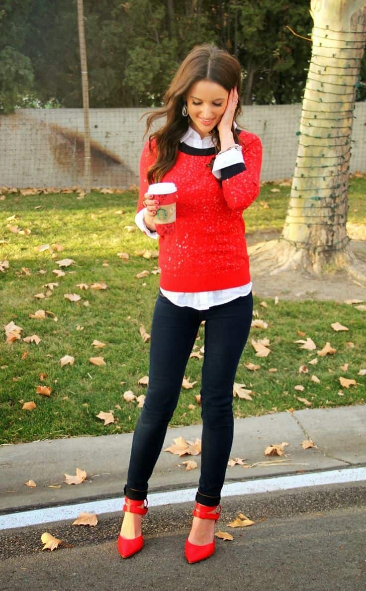red high heels and red sweater