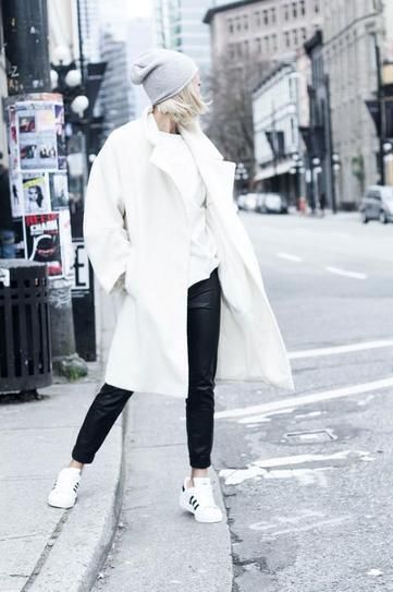 white coat with white sneakers