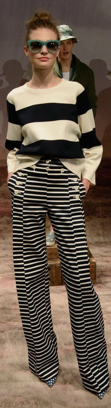 wide striped pullover with striped trousers