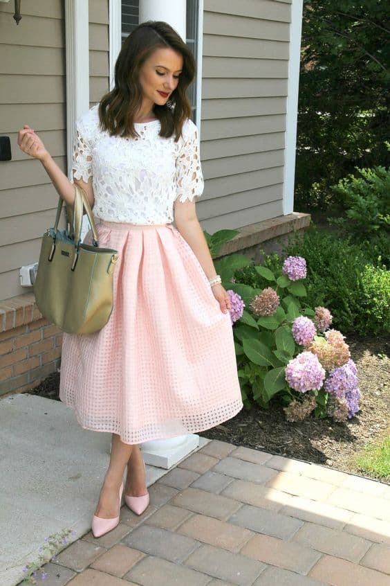 outfit with light pink midi skirt