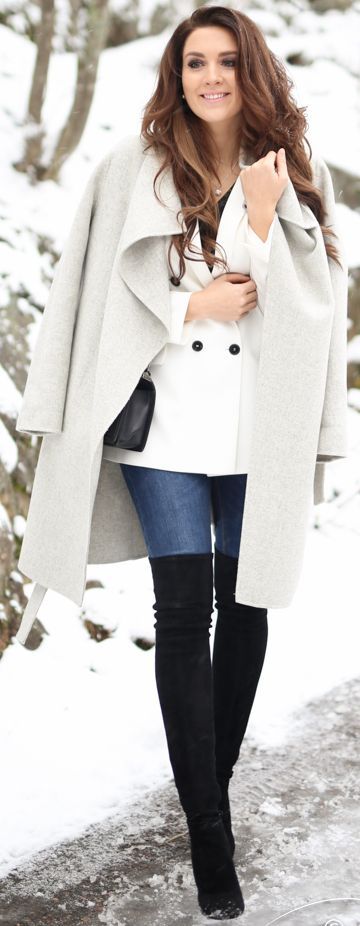 Light gray coat with white blazer and blacke over-the-knee boots