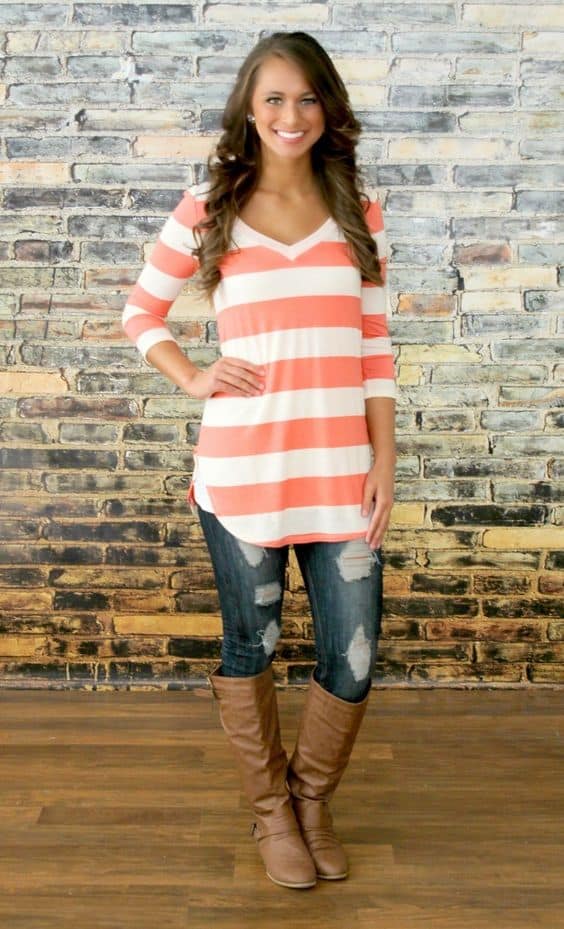 what color goes with coral pink and white striped tunic