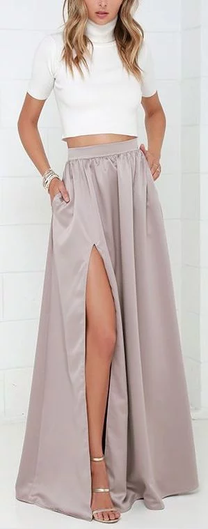 outfit with taupe maxi skirt