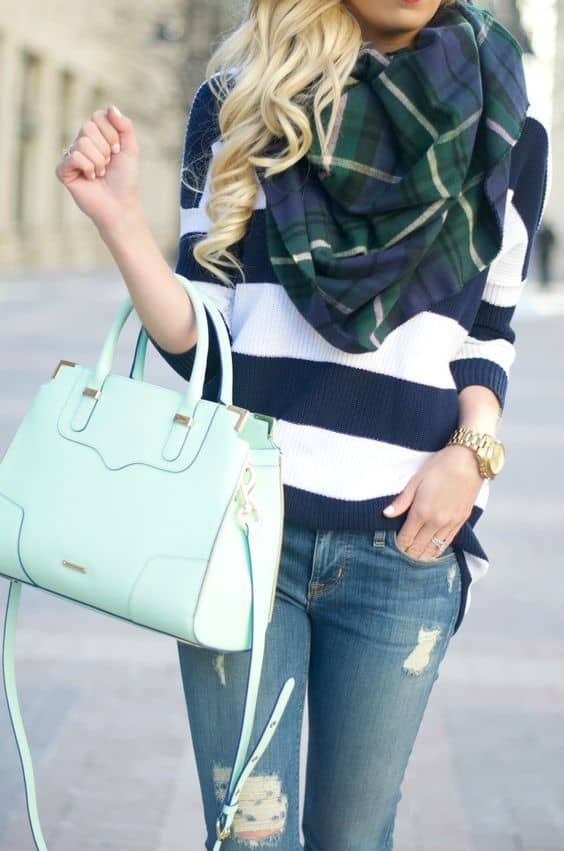 Light green handbag with plaid skarf and striped jumper