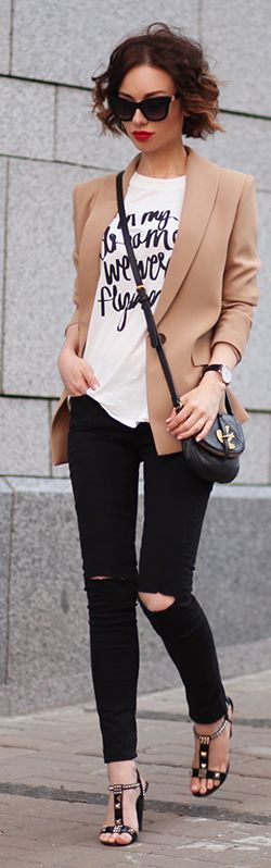 outfit with graphic tee and nude blazer