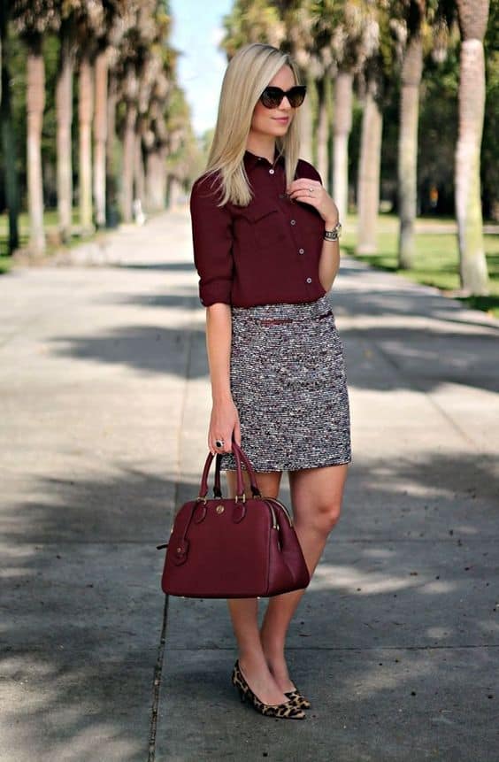 work outfit: grey skirt and wine blouse