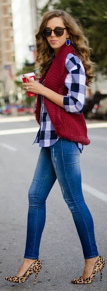 plaid shirt and red knitted sweater