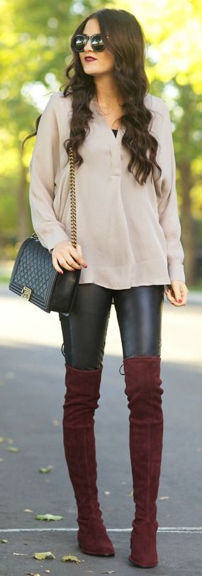 what to wear with burgundy over thee knee boots