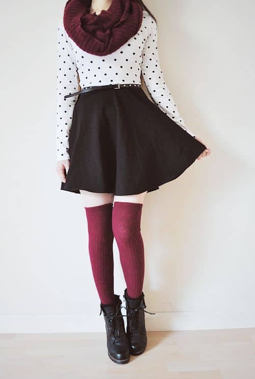what to wear with burgundy thigh high socks
