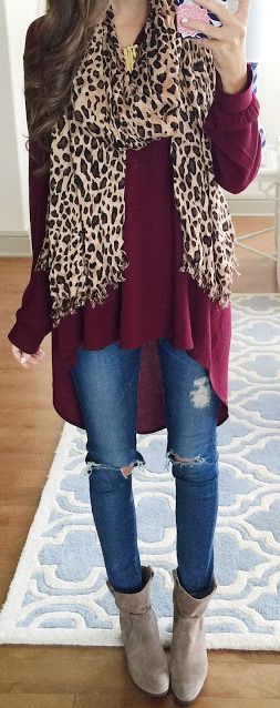 outfit with burgundy tunic