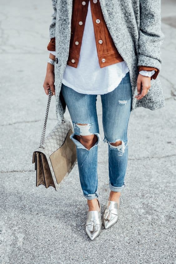 outfit with camel jean jacket and coat
