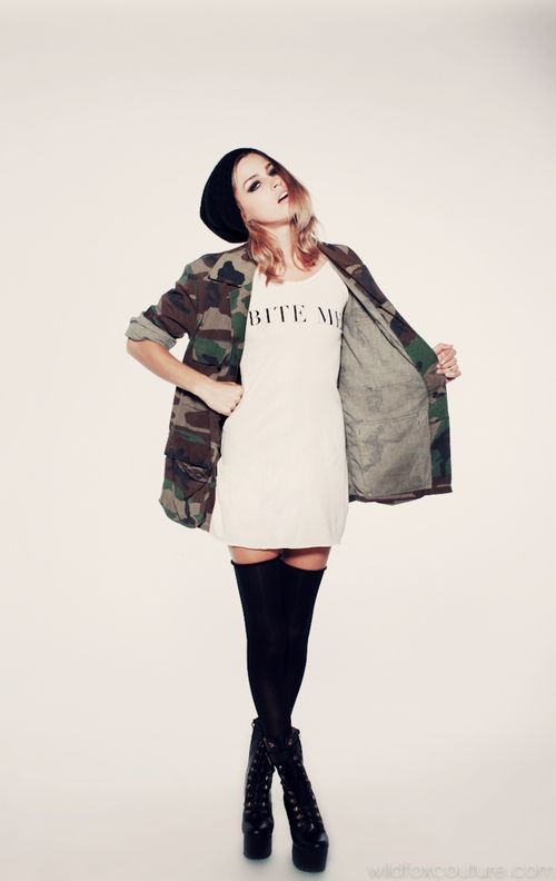 how to wear thigh high socks with camouflage parka