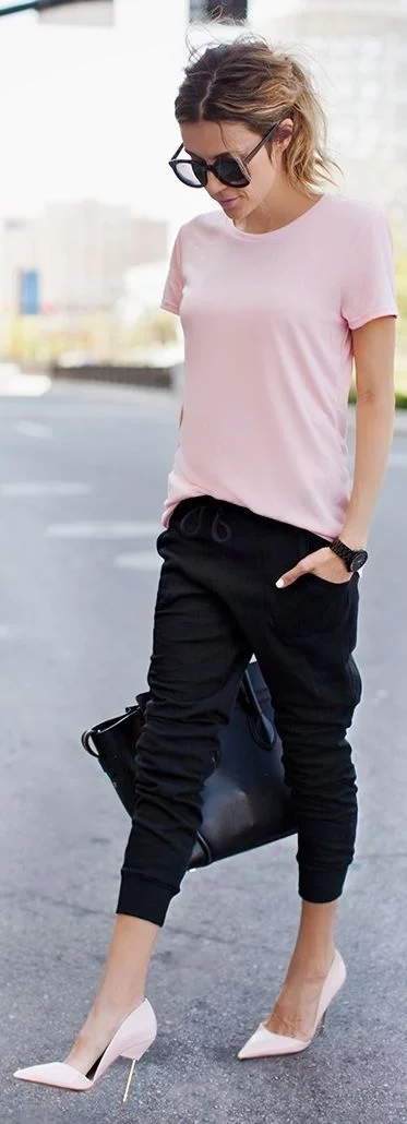 outfit with light pink T-shirt
