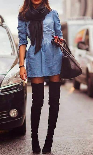 over the knee boots with denim shirt dress
