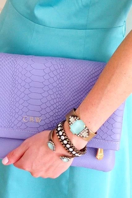 outfit with light purple clutch