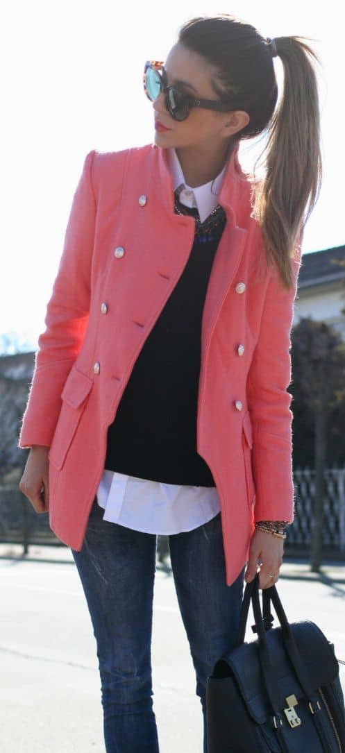 outfit with coral pink trench coat