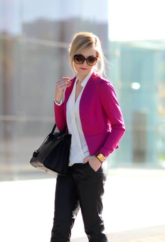 Magenta blazer with white blouse and black bag