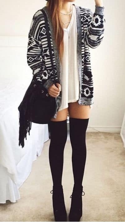 how to wear thigh high socks with ethnic printed cardigan