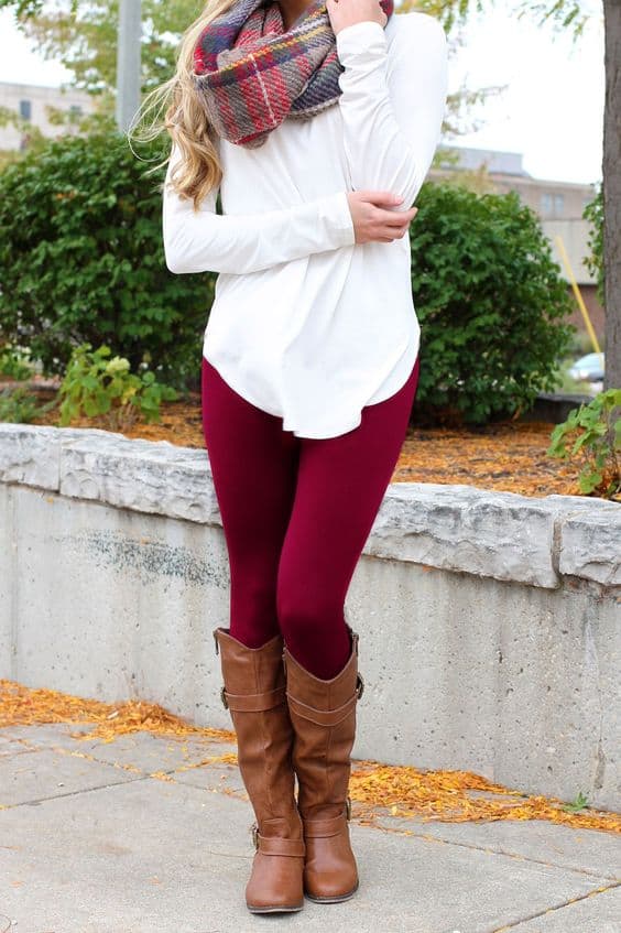 outfit with burgundy leggings