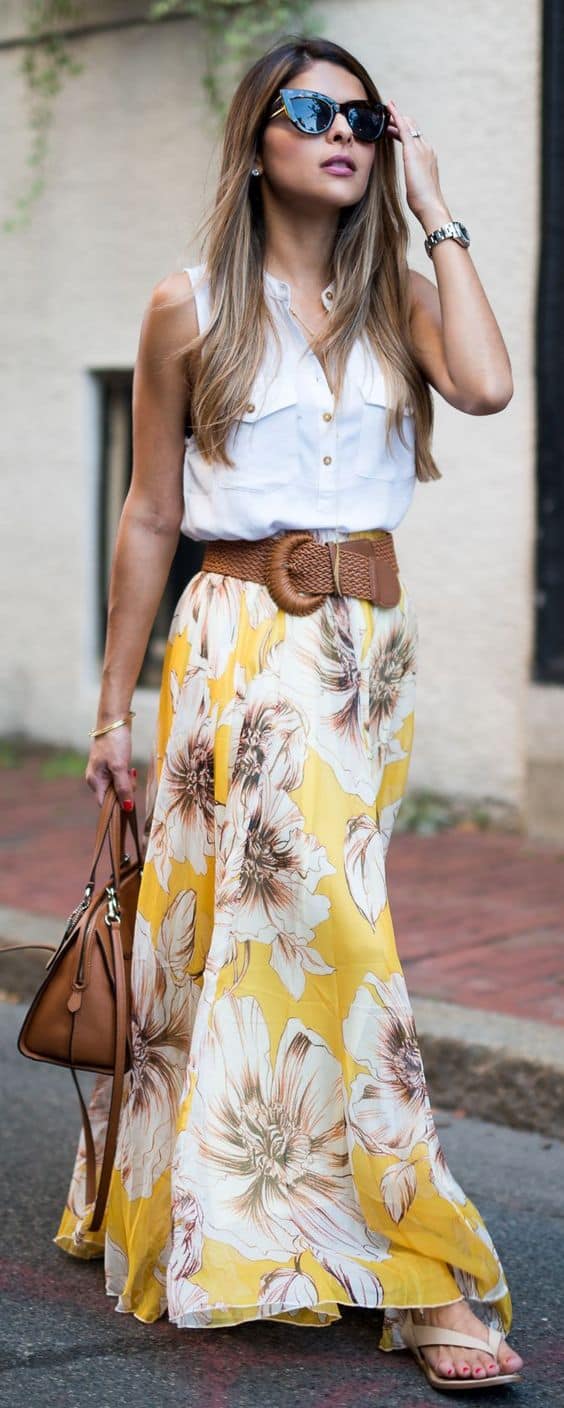 what to wear with floral printed maxi skirt
