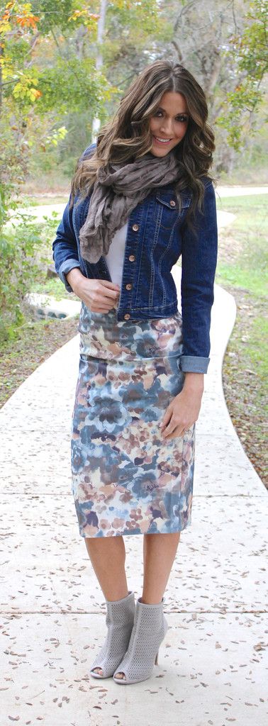 outfit with jean jacket and floral midi