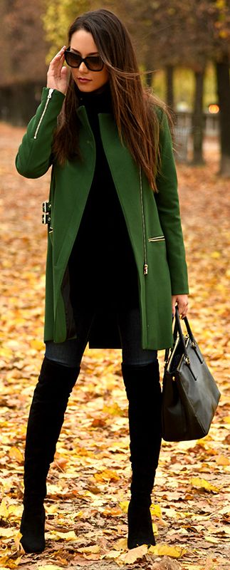over the knee boots with green coat
