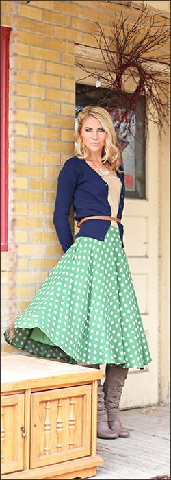 how to wear green polka dot midi skirt