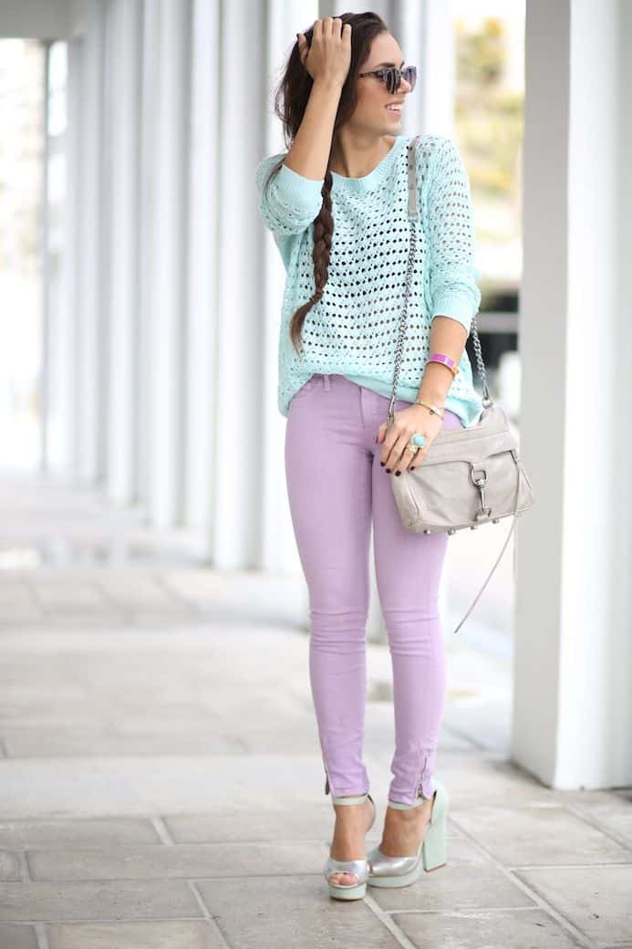 Lavender skinny jeans with silver heels and sky blue sweater