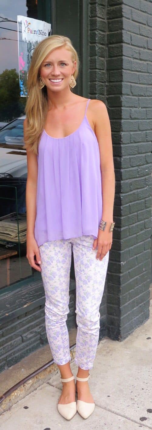 Lavender fly blouse with light gray skinnies and white ballet flats