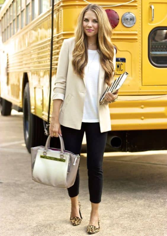 work outfit: leo flats and beige blazer