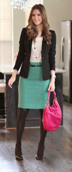 Light green pencil skirt with pink bag and black jacket