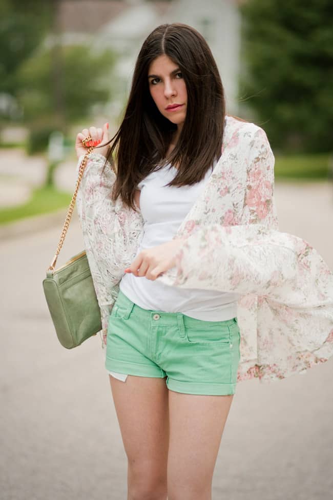 Light green shorts with floral shiffon blouse