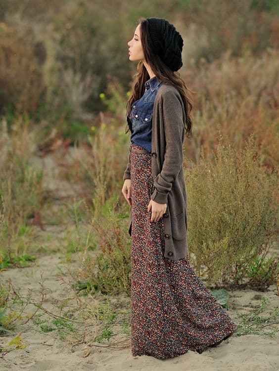 how to wear beanie with long skirt